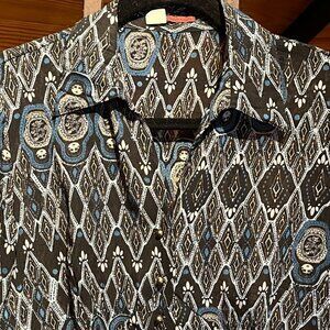 Semi Sheer Blue and Black Long Sleeve V-Neck Career Layer Blouse Top